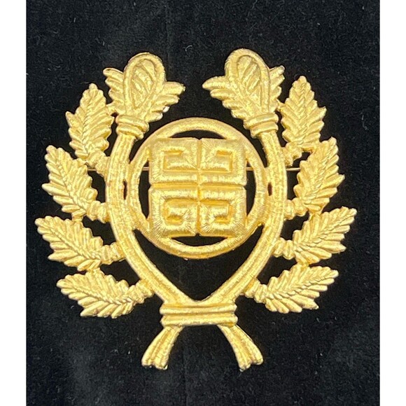 Vintage Signed Givenchy Laurel Leaf Logo Crest Brooch Gold Tone - Picture 1 of 7